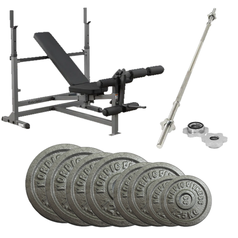 Bodysolid Bench Press + 65kg Plate and 7ft Barbell package