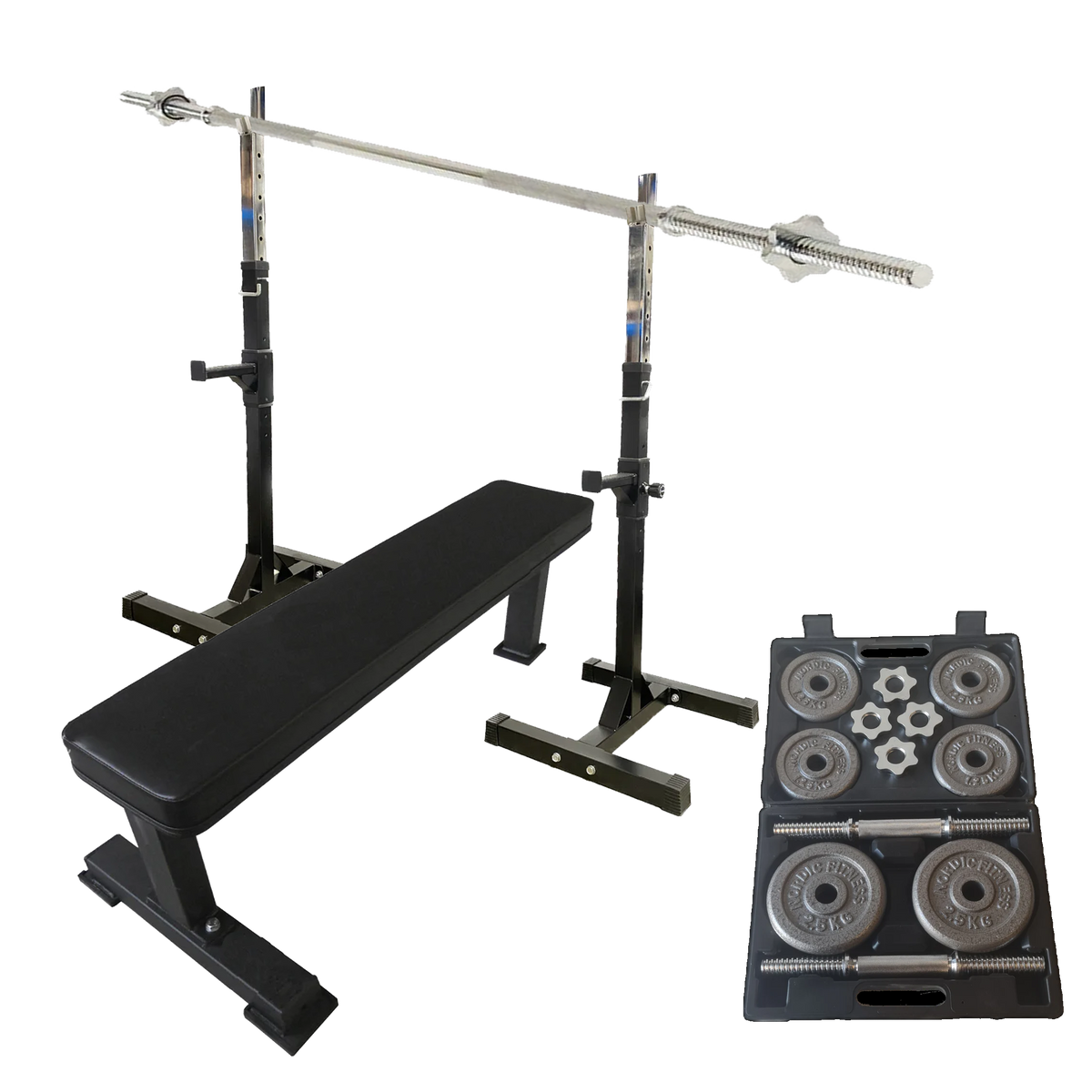 Flat Bench + Barbell and Dumbbell weight package Nordic Fitness Equipment