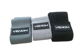Three Venom wrist wraps in gray, black, and white