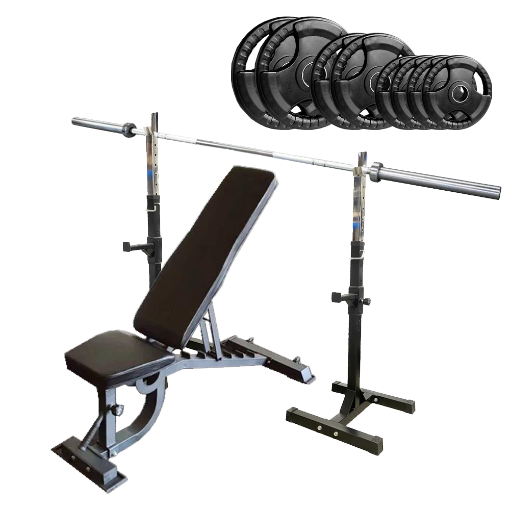 Adjustable Bench Press + Squat Stands and 100kg Weight Package