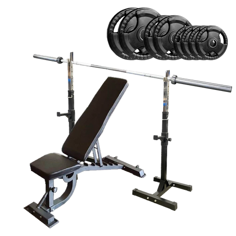 Adjustable Bench Press + Squat Stands and 100kg Weight Package