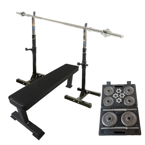 Flat Bench + Barbell and Dumbbell weight package